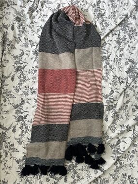 LOFT Striped Tassel Scarf in Black, Red, and Cream